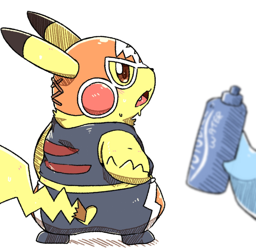 2023 ambiguous_gender bottle clothing container cosplay_pikachu_(costume) dipstick_ears duo ear_markings generation_1_pokemon hi_res mask multicolored_ears nintendo open_mouth pikachu pikachu_libre pokemon pokemon_(species) semi-anthro simple_background solo_focus tatu_wani_(artist) water_bottle yellow_body