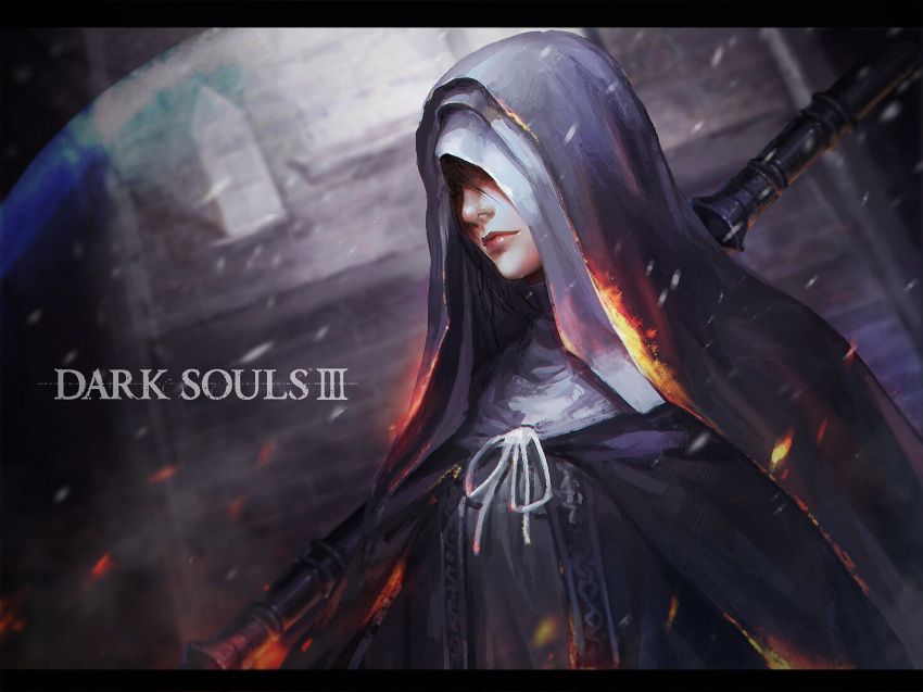 black_clothes covered_eyes dark_souls_(series) dark_souls_iii female hood letterboxed lips lipstick makeup portrait renshena sister_friede snow solo_focus