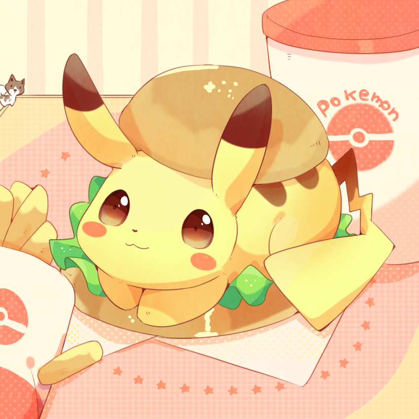 :3 burger commentary_request copyright_name creature_as_food cup feline food french_fries happy highres lettuce napkin no_humans pikachu pokemon pokemon_(creature) sauce smile tablecloth ushiina