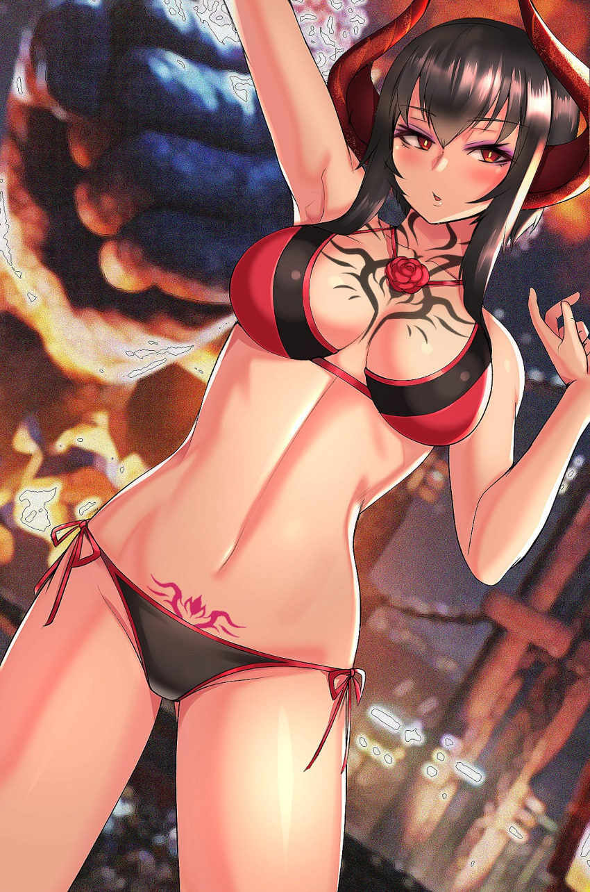 arm_up bikini black_bikini black_hair blurry blurry_background breasts chest_tattoo clyde_s commentary demon_girl demon_horns depth_of_field dutch_angle eliza_(tekken) english_commentary eyeliner female half-closed_eyes highres horns jewelry large_breasts looking_at_viewer makeup mismatched_bikini navel necklace parted_lips pubic_tattoo red_bikini red_eyes red_horns short_hair_with_long_locks sidelocks solo standing swimsuit tattoo tekken