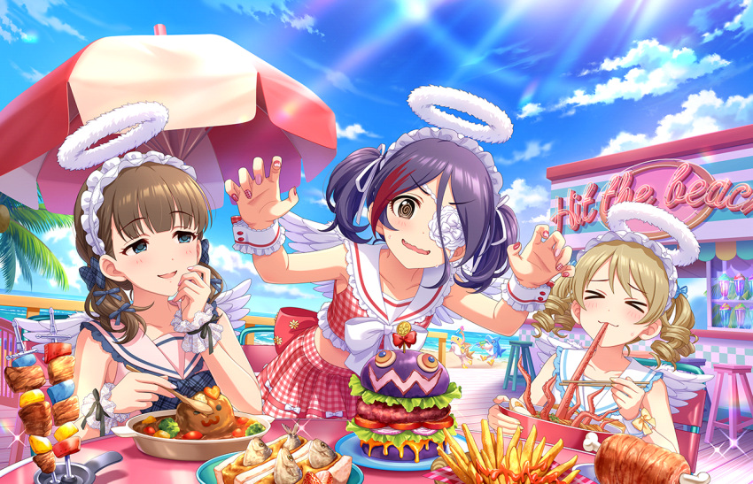 >_< 3girls @_@ angel_wings beach_umbrella blue_sky blush boned_meat burger chopsticks collar collarbone cropped_shirt eating fake_halo fake_wings fingernails flower_eyepatch food french_fries frilled_collar frilled_hairband frills fur_halo hairband halo hamburger_steak hayasaka_mirei holding holding_chopsticks holding_spoon idol idolmaster idolmaster_cinderella_girls idolmaster_cinderella_girls_starlight_stage light_rays looking_at_another looking_at_viewer meat morikubo_nono multiple_girls nail_polish octopus official_art outdoors paw_pose people sailor_collar sakuma_mayu shirt skewer sky sleeveless sleeveless_shirt smile spoon sunlight sweatdrop twintails umbrella under_the_desk_(idolmaster) wavy_mouth white_wings wings wrist_cuffs