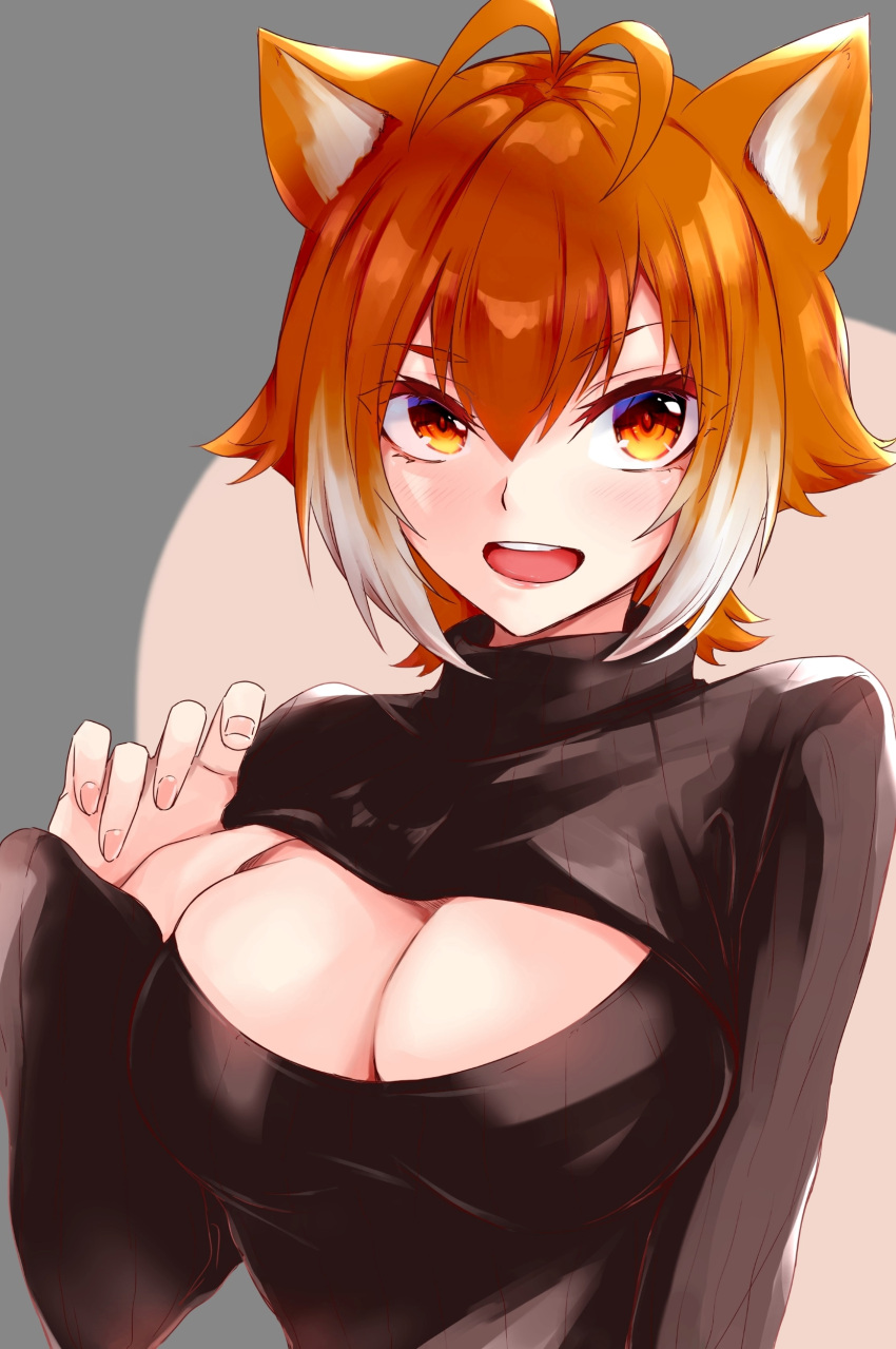 absurdres animal_ears antenna_hair black_sweater blazblue breasts brown_hair chukachuka cleavage cleavage_cutout clothing_cutout female grey_background highres large_breasts looking_at_viewer makoto_nanaya meme_attire multicolored_hair open-chest_sweater open_mouth orange_eyes short_hair simple_background smile solo squirrel_ears squirrel_girl squirrel_tail sweater tail turtleneck two-tone_hair upper_body