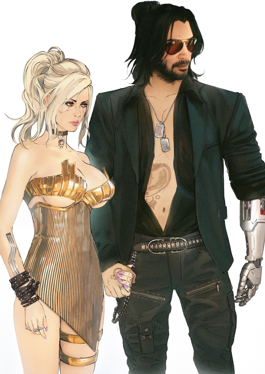 1boy absurdres alternate_costume alternate_hairstyle argent_moon aviator_sunglasses black_hair blonde_hair breasts choker cowboy_shot cyberpunk_(series) cyberpunk_2077 dog_tags dress expressionless facial_hair female hair_bun highres holding_hands jacket johnny_silverhand keanu_reeves looking_to_the_side mechanical_arms nail_polish navel no_bra open_clothes open_jacket open_shirt red_eyes single_mechanical_arm sunglasses tattoo underboob v_(cyberpunk) valerie_(cyberpunk) white_background