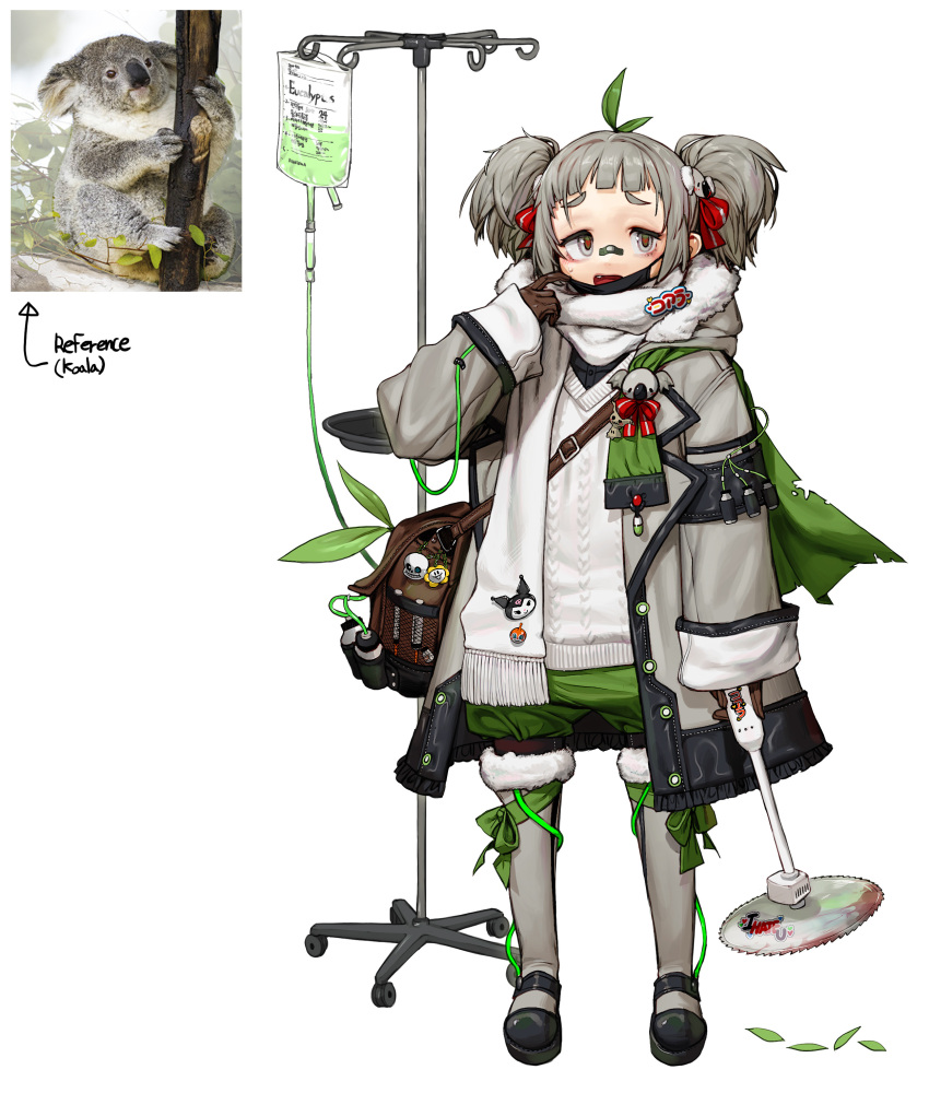 absurdres animal anpanman bag bandaid bandaid_on_face bandaid_on_nose black_footwear black_gloves black_mask blade brown_bag circular_saw commentary dokin-chan english_commentary female flowey_(undertale) full_body gloves grey_eyes grey_hair grey_legwear highres index_finger_raised intravenous_drip koala kuromi leaf long_sleeves looking_at_viewer mask mask_pull medium_hair mouth_mask oerba_yun_fang onegai_my_melody open_mouth original personification photo-referenced photo_inset reference_inset rinotuna sanrio sans_(undertale) saw shoes shoulder_bag simple_background solo standing surgical_mask sweater undertale white_background white_sweater