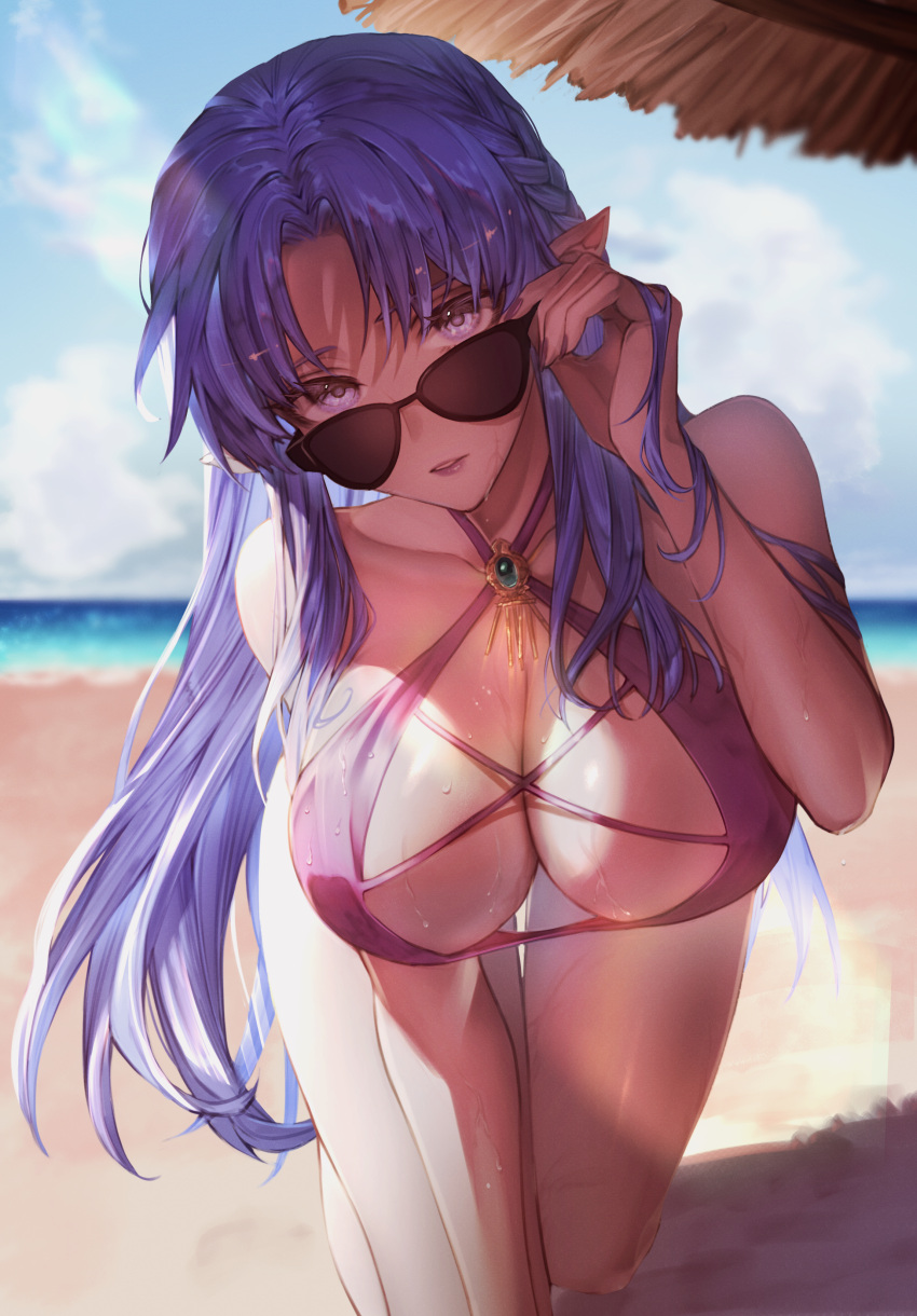 absurdres adjusting_eyewear all_fours beach blue_eyes blue_hair blurry blurry_background braid breasts brooch cleavage commentary_request commission day fate/grand_order fate/stay_night fate_(series) female highres horizon jewelry kokollet large_breasts lipstick long_hair looking_at_viewer looking_over_eyewear makeup medea_(fate) ocean outdoors parted_lips pointy_ears second-party_source skeb_commission solo sunglasses sweat swimsuit