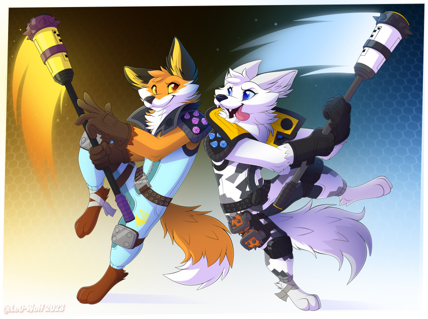 2023 absurd_res anthro arctic_fox blue_eyes blue_sclera brother_(lore) brothers_(lore) canid canine clothed clothing digital_media_(artwork) duo epic_games fennix_(fortnite) fortnite fox fur hi_res jumpsuit knee_pads leo-wolf looking_at_another male mammal open_mouth orange_body orange_eyes orange_fur red_fox sibling_(lore) smile tail tongue tongue_out true_fox volpez_(fortnite) white_body white_fur yellow_sclera