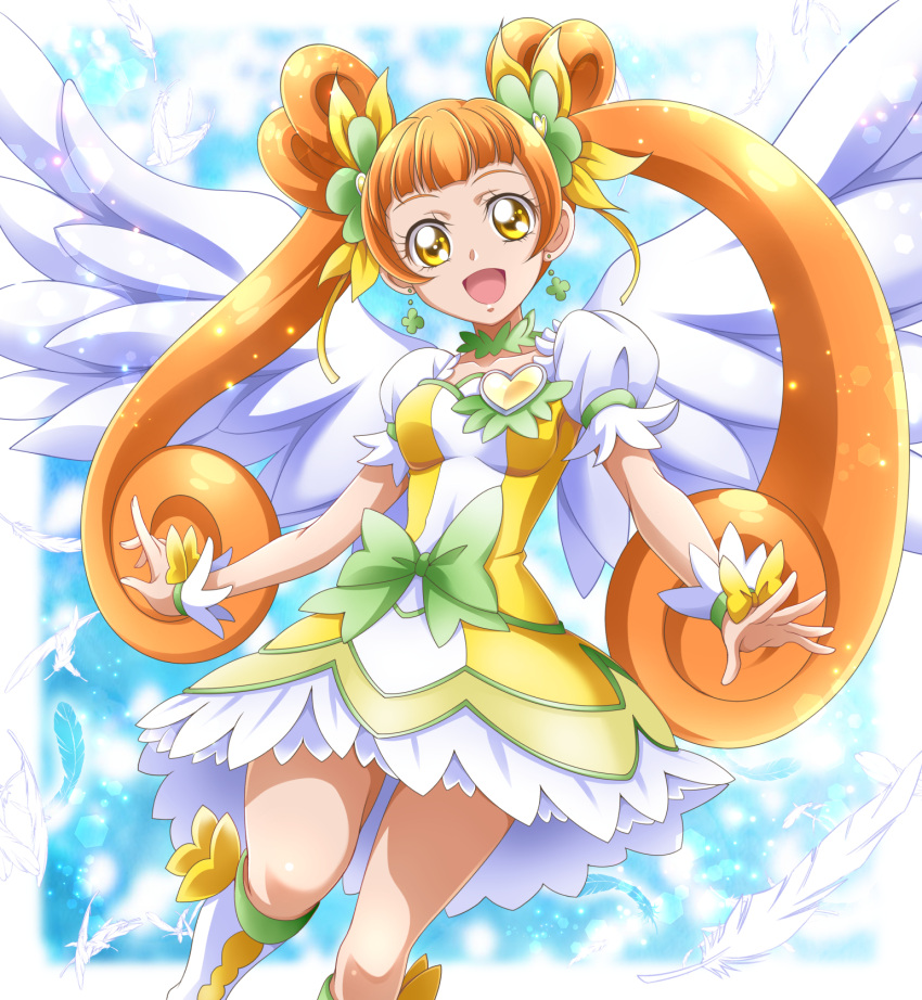 :d blunt_bangs boots bow breasts brooch brown_hair choker clover_earrings collarbone cure_rosetta dokidoki!_precure dress female floating_hair green_choker hanzou heart heart_brooch highres jewelry layered_dress long_hair looking_at_viewer precure short_dress short_sleeves small_breasts smile solo twintails very_long_hair white_dress white_footwear white_wings wings wrist_cuffs yellow_bow yellow_dress yellow_eyes yotsuba_alice