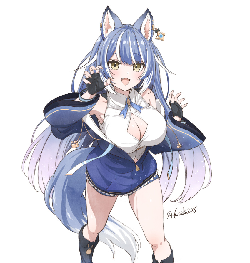 :3 :d animal_ear_fluff animal_ears bare_shoulders black_footwear black_gloves blue_hair blue_jacket blue_shorts boots breasts claw_pose cleavage cleavage_cutout clothing_cutout commentary ear_piercing fangs female fuusuke_(fusuke208) gloves highres jacket long_hair long_sleeves looking_at_viewer off_shoulder piercing shirt short_shorts shorts simple_background sirius_ururu sleeveless sleeveless_shirt smile solo star_ring_vpro swept_bangs tail twitter_username very_long_hair virtual_youtuber white_background white_hair white_shirt wide_sleeves wolf_ears wolf_girl wolf_tail yellow_eyes