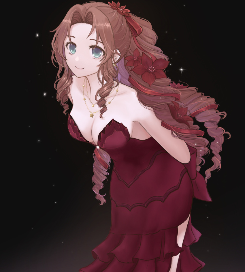 aerith_gainsborough aerith_gainsborough_(red_dress) alternate_costume aqua_eyes arms_behind_back back_bow bare_shoulders black_background bow breasts brown_hair cleavage closed_mouth commentary dress drill_hair evening_gown female final_fantasy final_fantasy_vii final_fantasy_vii_remake flower forehead formal hair_flower hair_ornament hair_ribbon highres jewelry lenak light_particles long_hair looking_at_viewer medium_breasts necklace official_alternate_costume parted_bangs red_bow red_dress red_flower red_ribbon ribbon sideboob sidelocks smile solo star_(symbol) star_necklace strapless strapless_dress twin_drills very_long_hair