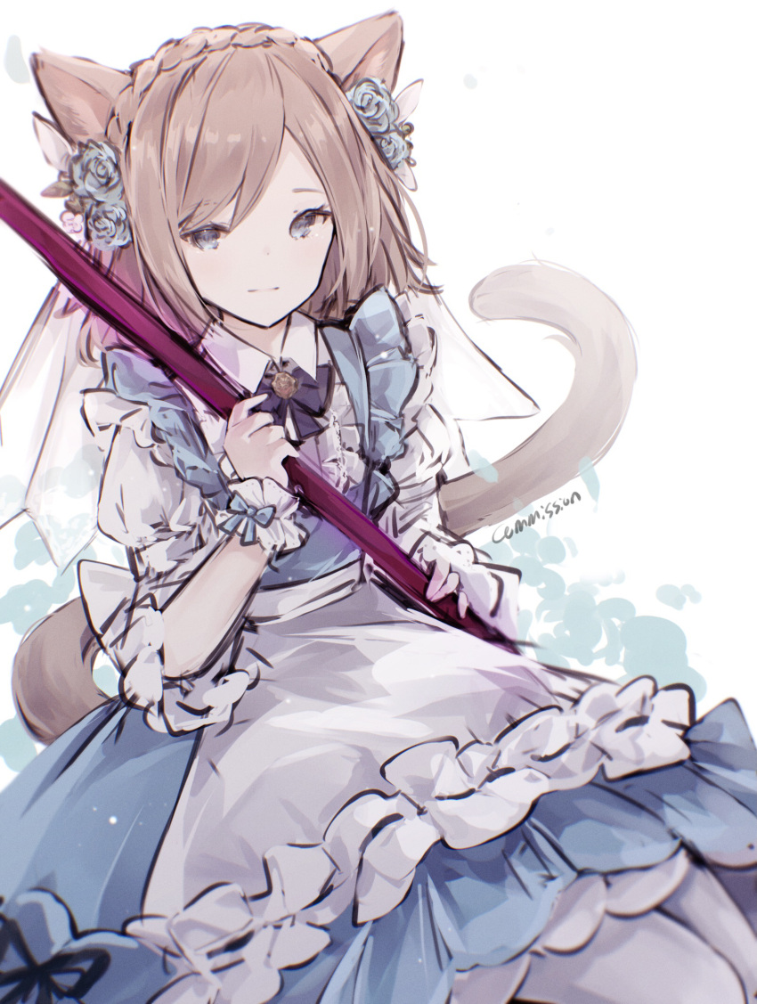 animal_ears apron black_bow blue_bow blue_dress blue_flower blue_rose bow braid brown_hair cat_ears cat_girl cat_tail center_frills closed_mouth collared_shirt commentary commission crown_braid dress female flower frills grey_eyes hair_flower hair_ornament highres long_hair looking_at_viewer miyu_(miy_u1308) original pantyhose puffy_short_sleeves puffy_sleeves ribbon-trimmed_apron ribbon_trim rose shirt short_sleeves sleeveless sleeveless_dress smile solo swept_bangs tail very_long_hair white_pantyhose wrist_cuffs