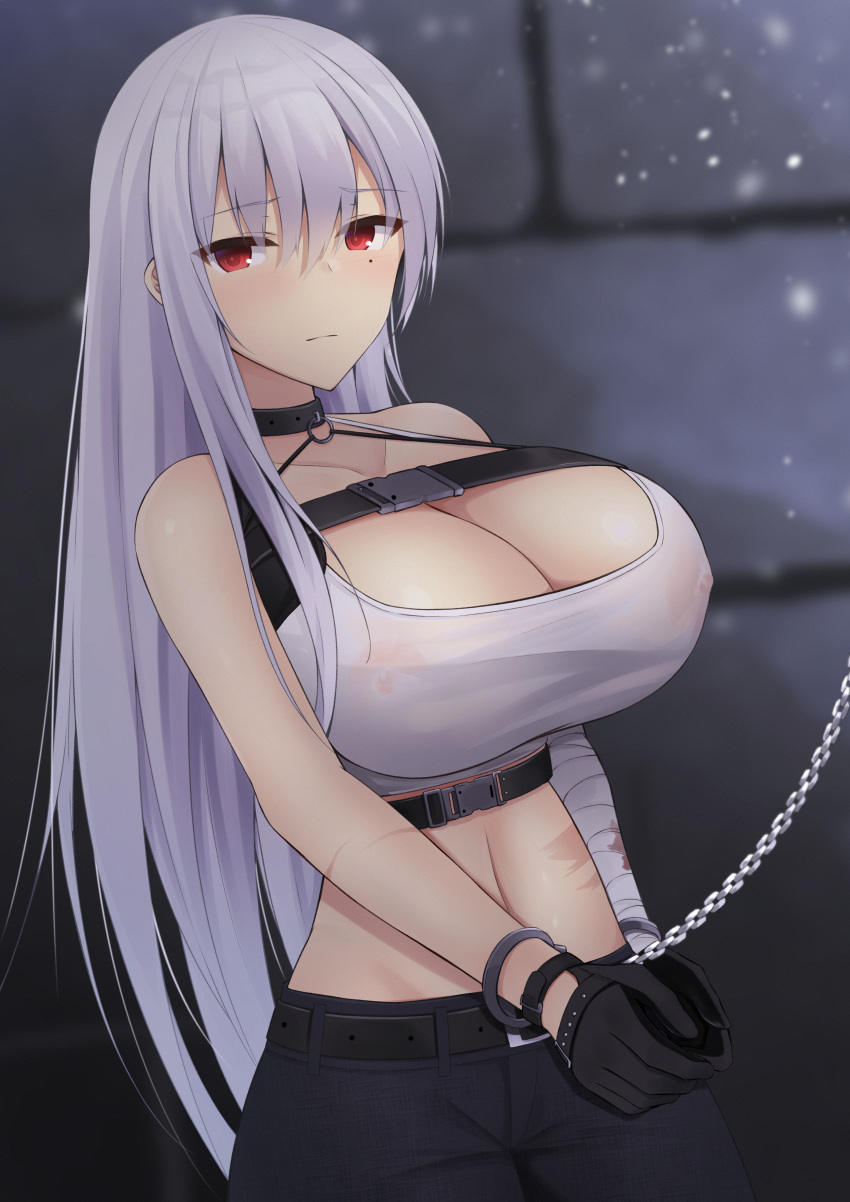 absurdres azur_lane belt black_choker black_gloves black_pants blush breasts chains chest_strap choker cleavage collarbone covered_nipples crop_top cuffed cuffs female gloves grey_hair handcuffs highres kokonoe_misui large_breasts long_hair looking_at_viewer mole mole_under_eye navel official_alternate_costume pants red_eyes scar simple_background solo sovetskaya_rossiya_(azur_lane) sovetskaya_rossiya_(the_lackadaisical_lookout)_(azur_lane) sports_bra stomach white_sports_bra