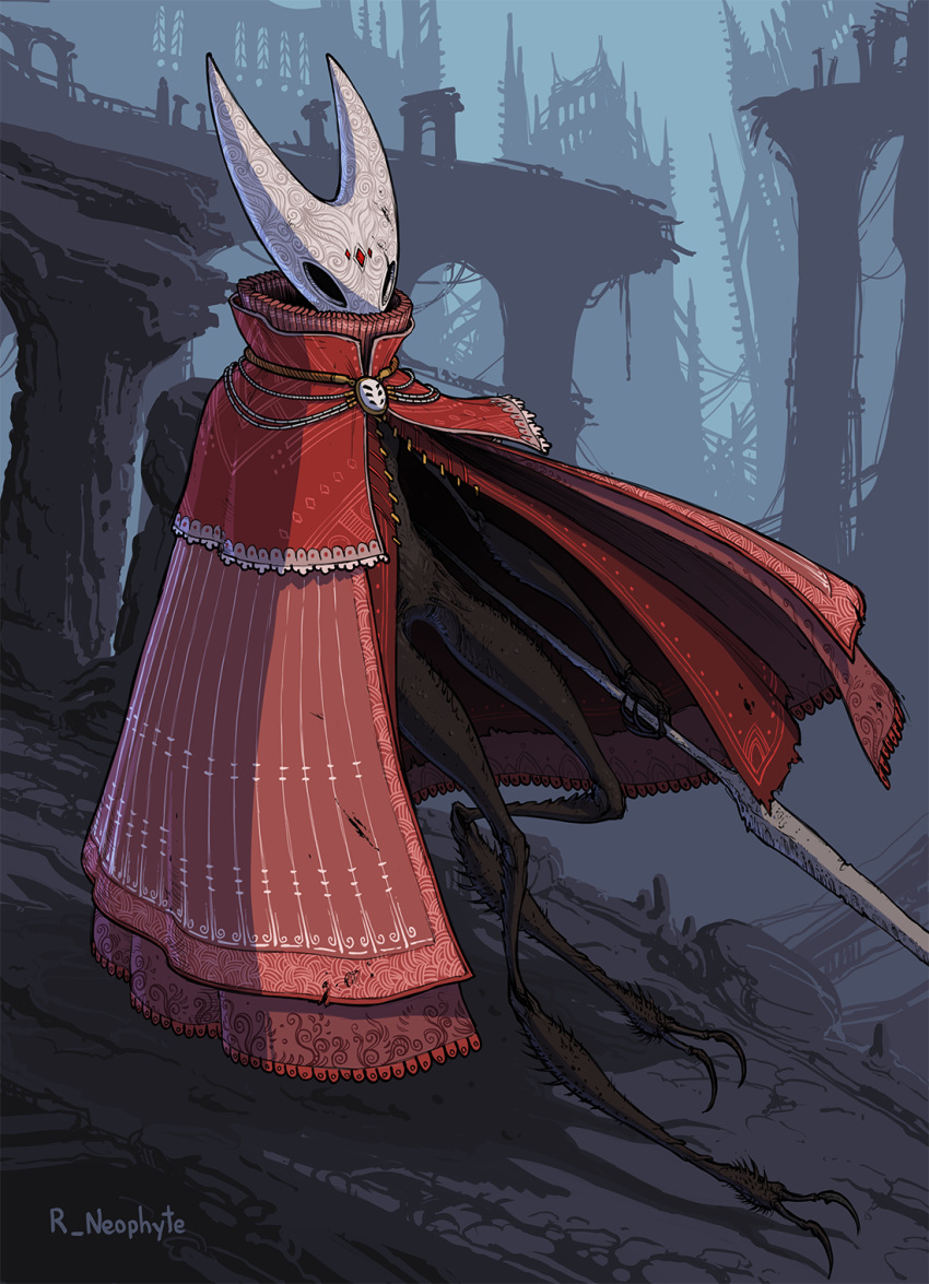 2019 arthropod claws clothed clothing detailed_background hi_res holding_melee_weapon holding_object holding_polearm holding_spear holding_weapon hollow_knight hornet_(hollow_knight) melee_weapon polearm red_clothing rovingneophyte solo spear team_cherry weapon