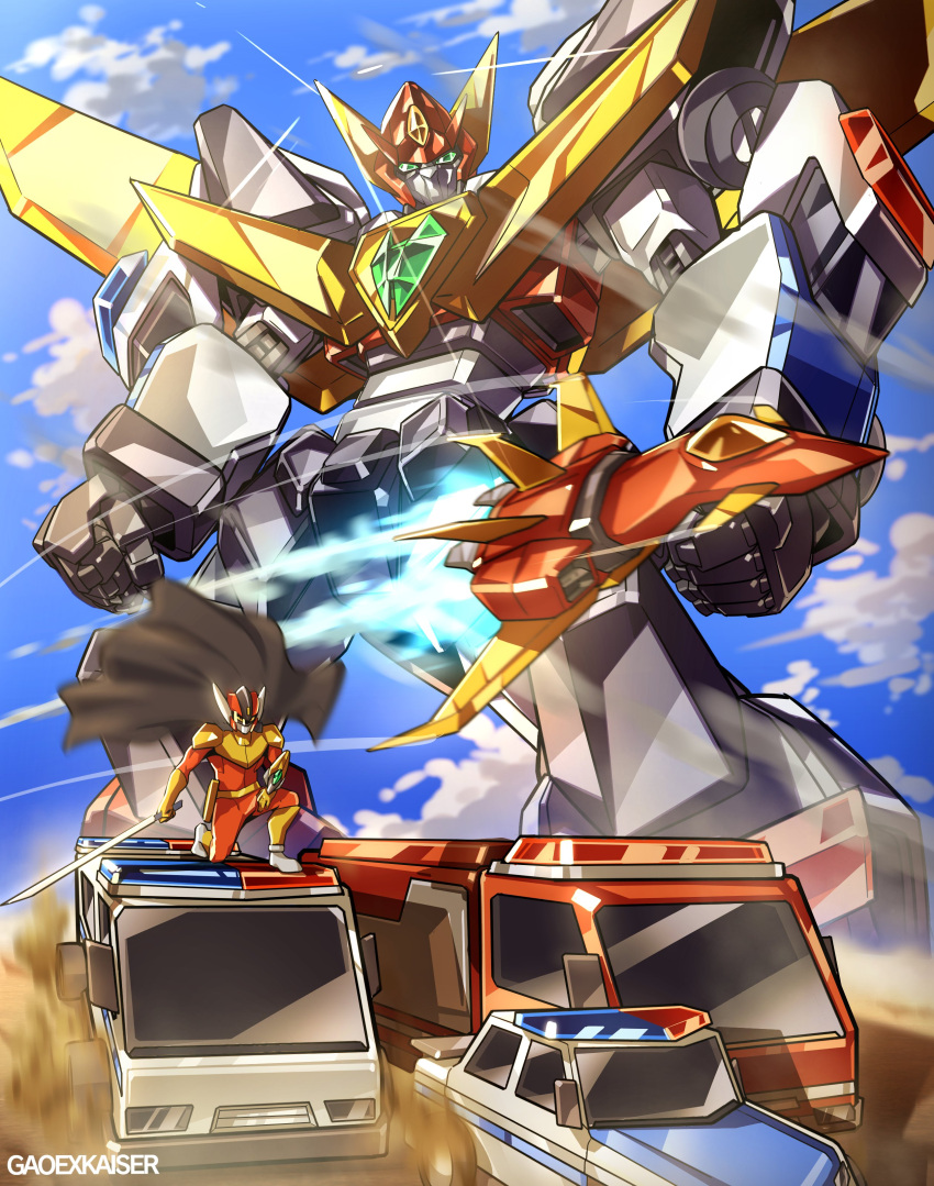 1boy absurdres aircraft airplane car cloud english_commentary fire_truck flying gao_ex_kaiser green_eyes helmet highres holding holding_sword holding_weapon jet katana looking_at_viewer mecha motor_vehicle original police_car robot science_fiction shiny sky super_robot sword truck weapon