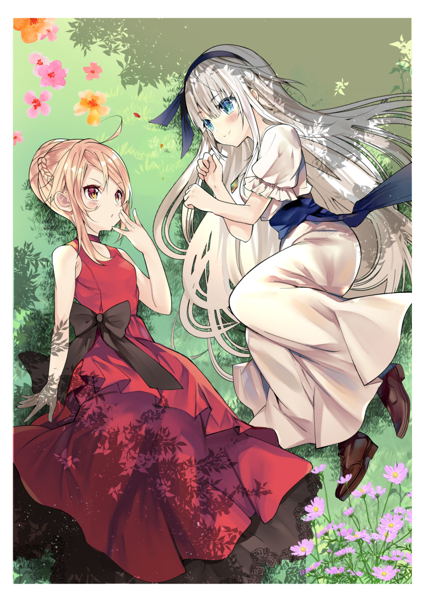 2girls aged_down angelica_rafa_redgrave black_bow blonde_hair blue_eyes blush bow breasts dress flower grey_dress grey_hair hair_behind_ear hair_bun highres long_hair multiple_girls mylene_rafa_holfort orange_flower otome_gee_sekai_wa_mob_ni_kibishii_sekai_desu pink_flower purple_footwear red_dress red_eyes shiosato_jun single_hair_bun small_breasts v-shaped_eyebrows very_long_hair