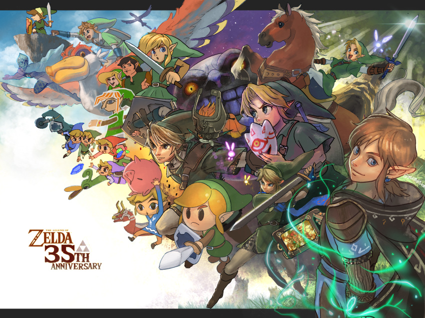 2girls 6+boys :d animal anniversary beak blonde_hair blue_eyes boots brown_hair butiboco cape champion's_tunic_(zelda) chibi cliff cloak copyright_name daruk epona ezlo fairy fi_(zelda) fighting_stance great_deku_tree green_tunic hat highres holding holding_animal holding_shield holding_sword holding_weapon hood hooded_cloak horse horseback_riding hyrule_warriors link loftwing looking_at_viewer mask mask_of_truth master_cycle master_sword midna mipha monster_girl moon_(zelda) multiple_boys multiple_girls multiple_persona navi open_mouth pig pointy_ears princess_zelda revali riding rupee_(zelda) saddle scarf sheikah_slate shield shield_on_back smile strap sword sword_behind_back tael tatl the_king_of_red_lions the_legend_of_zelda the_legend_of_zelda:_a_link_between_worlds the_legend_of_zelda:_a_link_to_the_past the_legend_of_zelda:_breath_of_the_wild the_legend_of_zelda:_four_swords the_legend_of_zelda:_link's_awakening the_legend_of_zelda:_majora's_mask the_legend_of_zelda:_ocarina_of_time the_legend_of_zelda:_skyward_sword the_legend_of_zelda:_the_minish_cap the_legend_of_zelda:_the_wind_waker the_legend_of_zelda:_twilight_princess the_legend_of_zelda_(cartoon) the_legend_of_zelda_(cd-i) the_legend_of_zelda_(nes) toon_link tree triforce urbosa weapon young_link