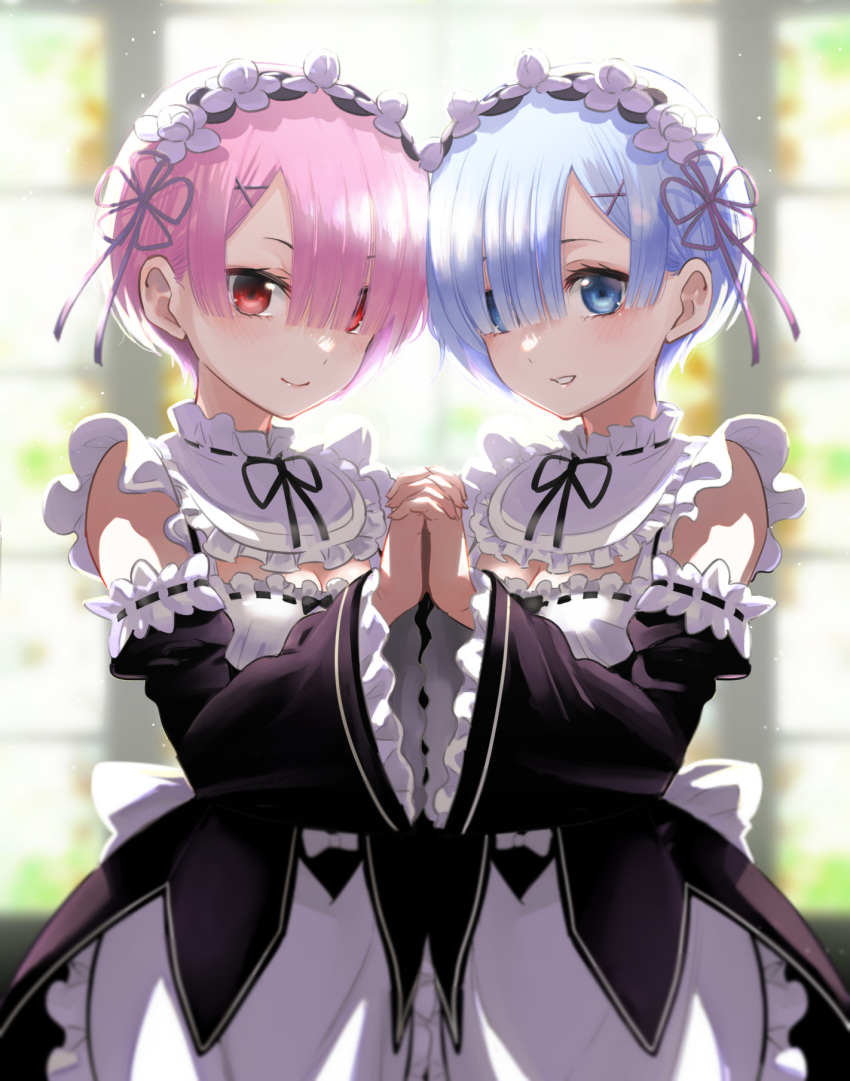 2girls apron black_dress black_sleeves blue_eyes blue_hair blurry blurry_background blush closed_mouth commentary_request depth_of_field detached_sleeves dress eyebrows_hidden_by_hair frilled_apron frilled_sleeves frills hair_ornament hair_over_one_eye hair_ribbon hairclip highres holding_hands interlocked_fingers juliet_sleeves long_sleeves looking_at_viewer maid multiple_girls natsupa parted_lips pink_hair pink_ribbon puffy_sleeves purple_ribbon ram_(re:zero) re:zero_kara_hajimeru_isekai_seikatsu red_eyes rem_(re:zero) ribbon ribbon-trimmed_sleeves ribbon_trim roswaal_mansion_maid_uniform short_hair siblings sisters sleeveless sleeveless_dress smile twins waist_apron white_apron wide_sleeves x_hair_ornament