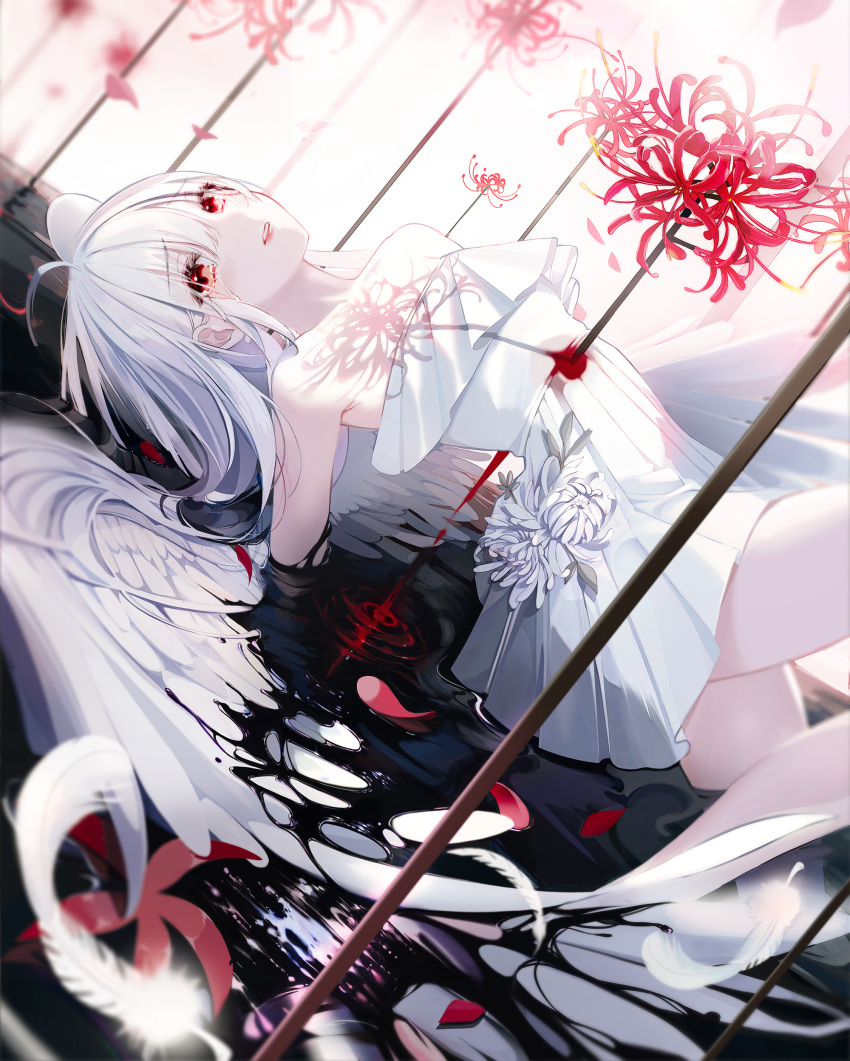 absurdres ahoge angel angel_wings bare_legs bare_shoulders bleeding blood blood_on_clothes blush buri_(retty9349) chrysanthemum commentary crying crying_with_eyes_open dress dress_flower feathered_wings feathers female flower highres impaled long_hair looking_at_viewer off-shoulder_dress off_shoulder original pleated_dress pool_of_blood red_eyes red_flower solo spider_lily strapless strapless_dress tears white_dress white_eyes white_flower white_wings wings