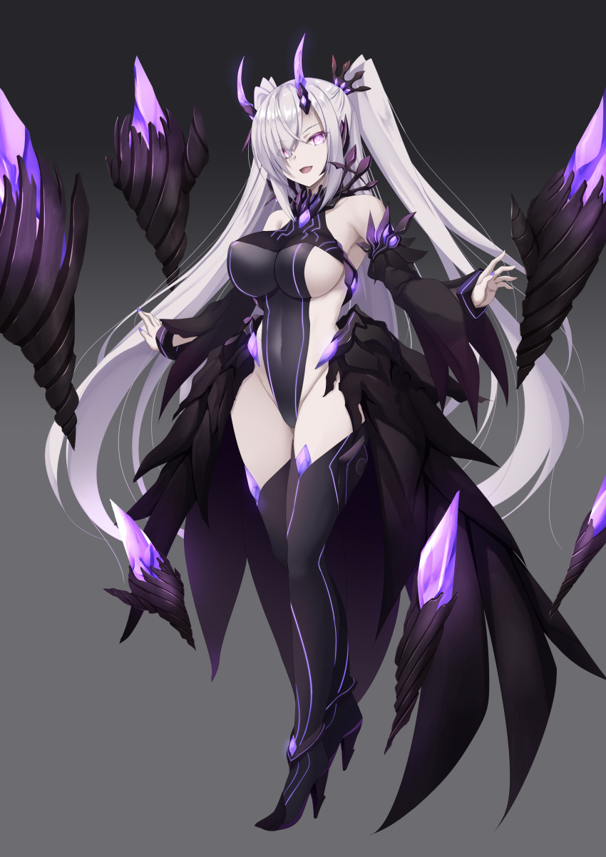 absurdres bare_shoulders black_leotard black_sleeves black_thighhighs blue_oath breasts covered_navel covered_nipples demon_horns detached_sleeves female gem glowing gradient_background hair_over_one_eye high_heels highres horns large_breasts leotard long_hair long_sleeves looking_at_viewer original pale_skin purple_eyes purple_nails revealing_clothes rock sideboob sideless_outfit smile solo standing thighhighs two_side_up very_long_hair white_hair wide_sleeves yukizuki_chikuba