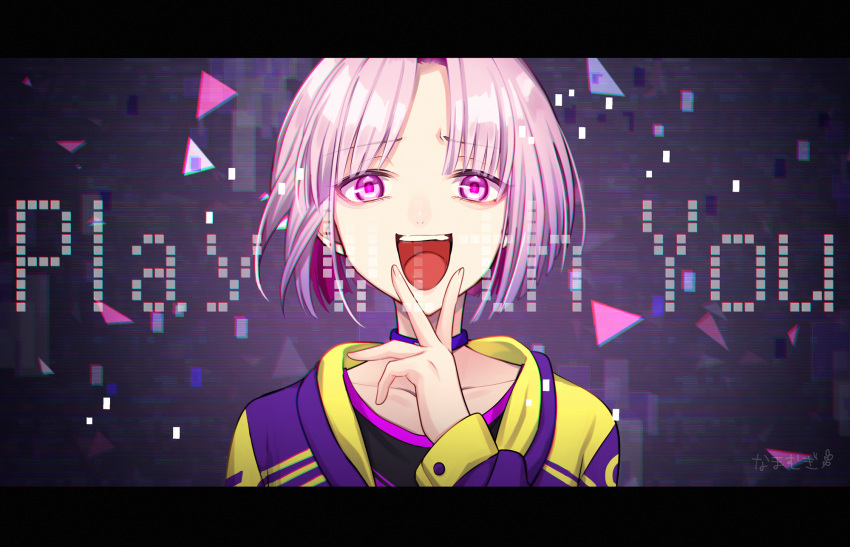 1boy :d black_shirt choker collarbone commentary_request english_text from_argonavis highres jacket letterboxed long_sleeves looking_at_viewer male_focus mugi_(iccomae) open_mouth parted_bangs pink_hair purple_choker purple_eyes purple_jacket shirt sleeves_past_wrists smile solo teeth ujigawa_shuu upper_body upper_teeth_only