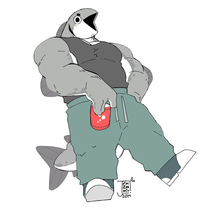 anthro beverage_can biceps big_muscles black_clothing blush can clothing container countershading deltoids fin fish fish_mouth footwear green_clothing grey_body grey_clothing grey_fins hi_res holding_can holding_container holding_object huge_muscles humanoid jjemmin male manly marine musclegut muscular overweight overweight_male pecs shirt shoes simple_background slightly_chubby sneakers solo tank_top topwear white_body white_countershading