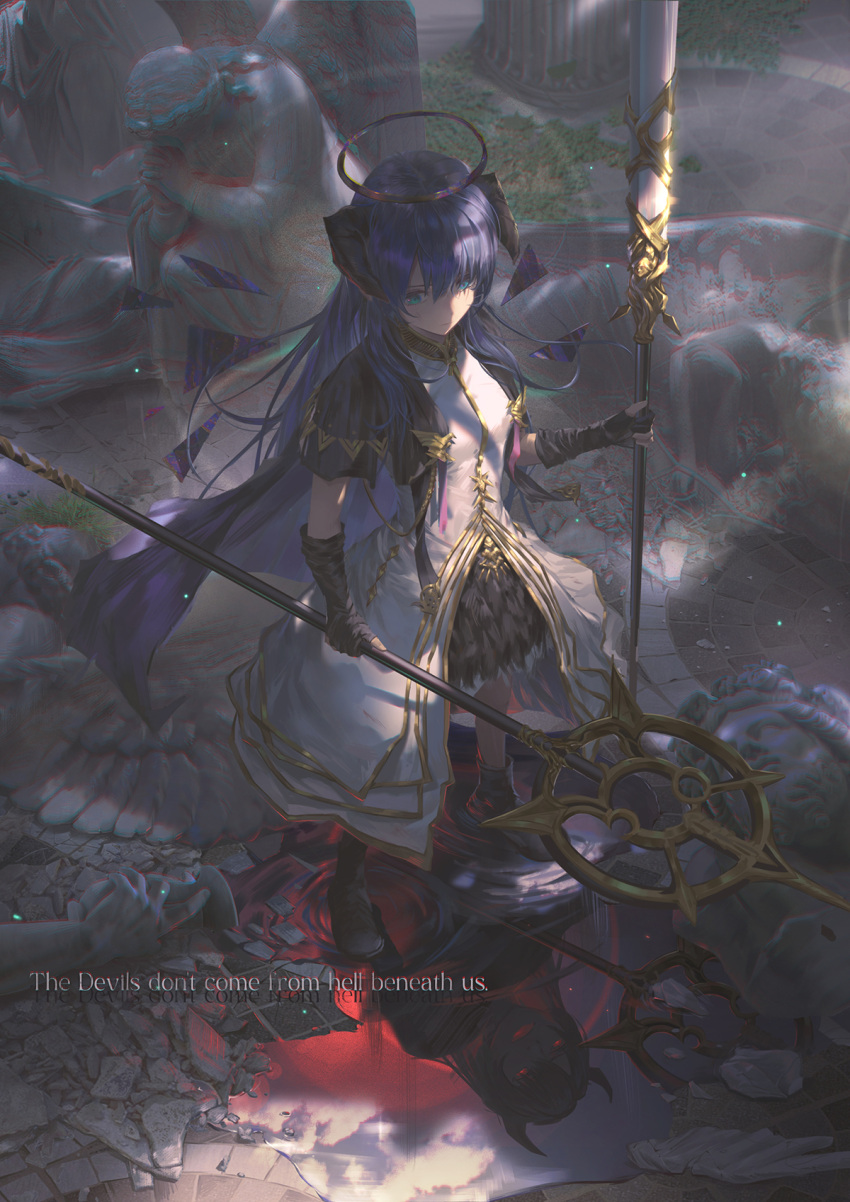 arknights blue_eyes blue_hair cape chromatic_aberration demon_horns detached_wings different_reflection energy_wings english_text fallen_angel female from_above gloves halo highres hinoborukaku holding holding_staff horns long_hair mostima_(arknights) mostima_(spellbreaker)_(arknights) official_alternate_costume partially_fingerless_gloves reflection solo staff statue wings