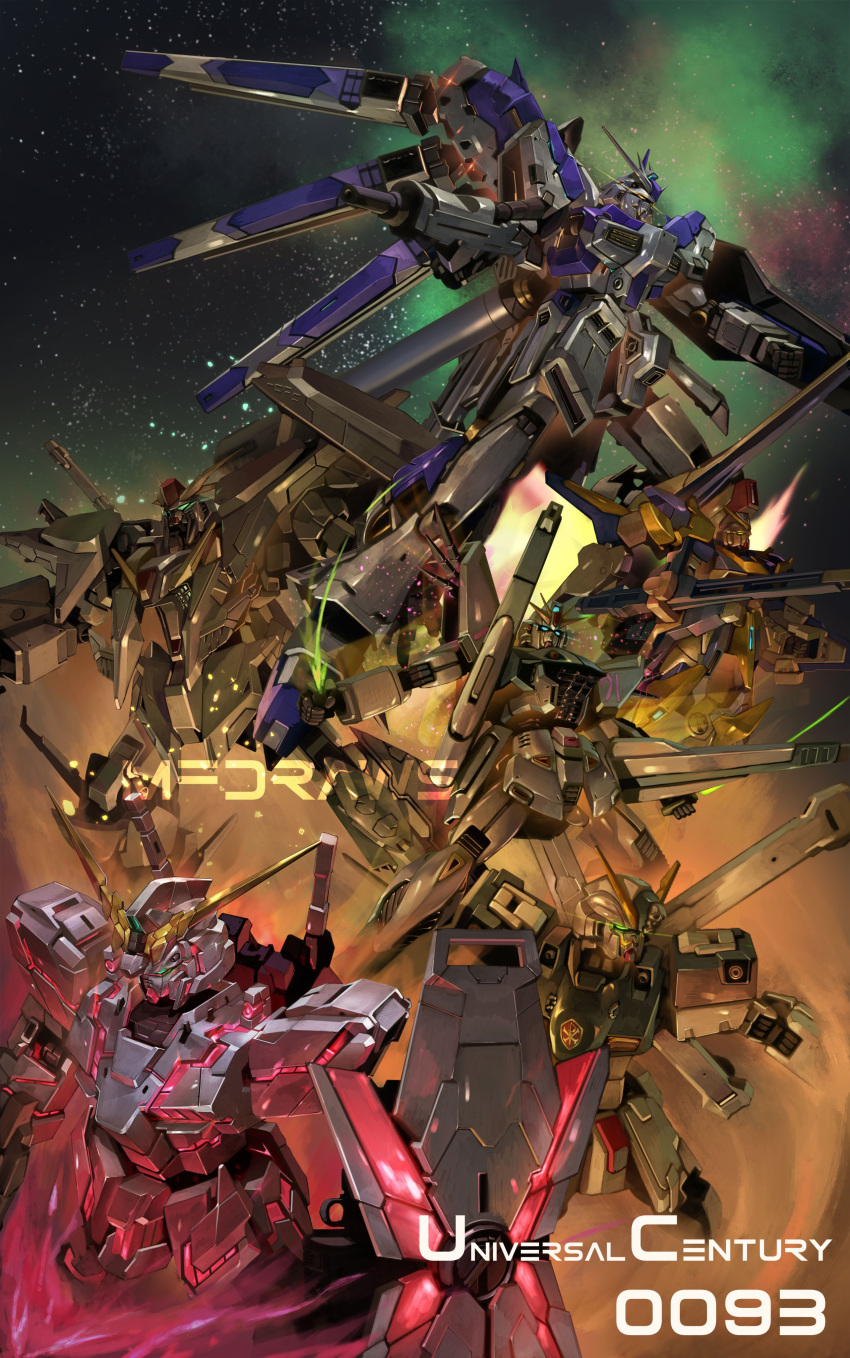 absurdres artist_name beam_saber blue_eyes brayanong999 char's_counterattack char's_counterattack_-_beltorchika's_children crossbone_gundam crossbone_gundam_x-1 english_commentary f91_gundam fin_funnels glowing glowing_eye gun gundam gundam_f91 gundam_hathaway's_flash gundam_unicorn hi-nu_gundam highres holding holding_gun holding_sword holding_weapon mecha mobile_suit no_humans nt-d robot science_fiction shield skull_and_crossbones sword unicorn_gundam v-fin v2_assault-buster_gundam v2_gundam victory_gundam watermark weapon xi_gundam