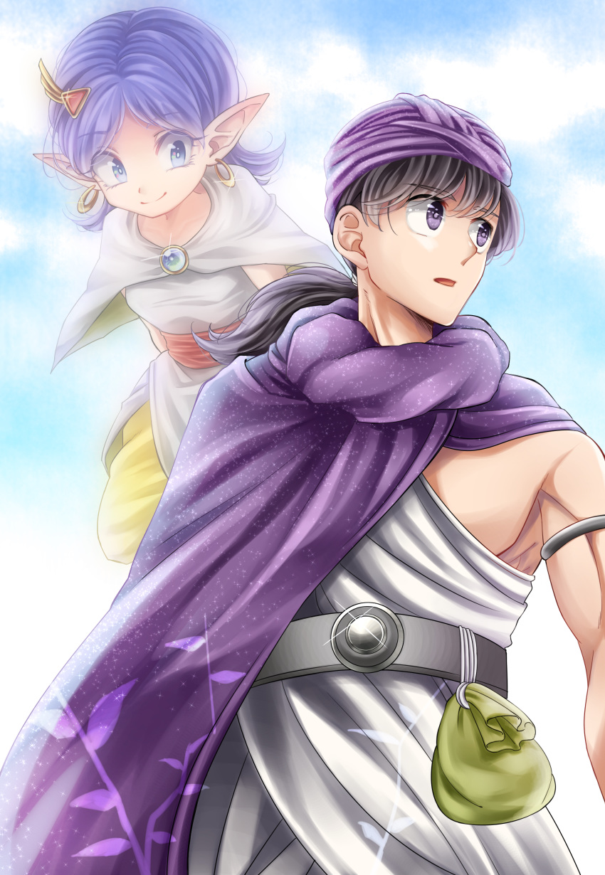 1boy absurdres arm_strap atarime_(atarimemakaron) bella_(dq5) belt black_hair blue_eyes blue_sky cape capelet cloud commentary_request dragon_quest dragon_quest_v dress earrings female floating grey_capelet grey_dress hair_ornament hero_(dq5) highres hoop_earrings jewelry looking_at_another low_ponytail medium_hair muscular pants pointy_ears pouch purple_cape purple_eyes purple_hair purple_headwear short_ponytail sky smile translucent turban yellow_pants