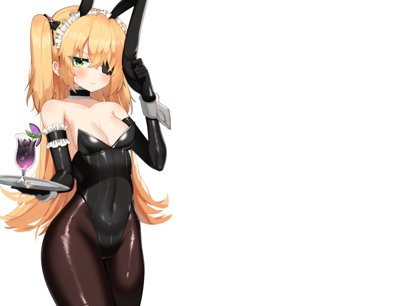 animal_ears blonde_hair blush breasts bunny_ears bunnygirl choker cleavage drink elbow_gloves eyepatch fischl_(genshin_impact) genshin_impact gloves green_eyes headdress leotard long_hair pantyhose skintight twintails w.k waitress white wristwear