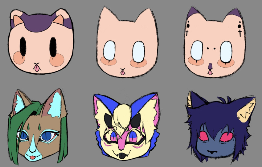 2_horns anthro bangs bells_(dreamscreep) black_eyes black_horn black_nose black_teeth black_tongue blep blonde_hair blue_body blue_eyes blue_fur blue_hair blush brown_body brown_fur circle_eyebrows domestic_cat dot_eyes dreamscreep ear_piercing edel_(dreamscreep) eye_markings eyebrows eyelashes facial_markings facial_piercing facial_tuft fan_character fangs felid feline felis fur glimmer_(dreamscreep) green_hair group hair head_markings heterochromia hi_res horn hybrid inner_ear_fluff mammal markings mika_(dreamscreep) muzzle_(marking) piercing pink_body pink_eyes pink_fur pink_tongue pupils purple_body purple_fur red_tongue slit_pupils snout snout_markings tan_body tan_fur tongue tongue_out tuft white_eyes yellow_body yellow_fur yellow_sclera