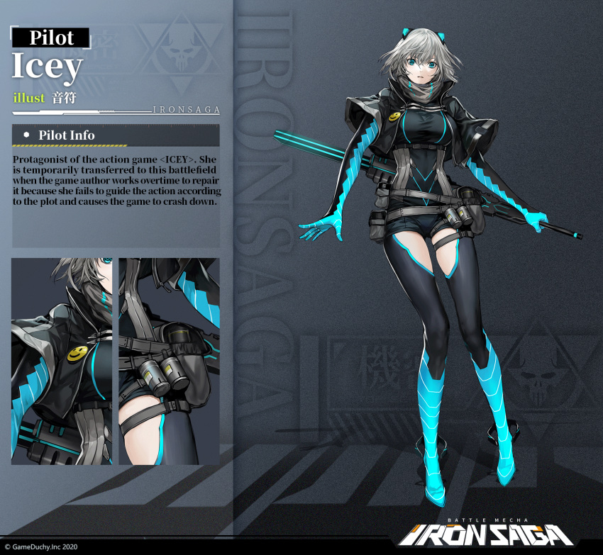 artist_name badge belt belt_pouch black_bodysuit black_jacket blue_eyes blue_footwear blue_gloves bodysuit boots breasts button_badge character_name commentary company_name copyright_name cropped_jacket crossover dated english_commentary female full_body gloves grey_hair grey_scarf hair_between_eyes hair_ornament highres holding holding_sword holding_weapon icey icey_(game) infukun iron_saga jacket large_breasts logo looking_at_viewer loose_belt multiple_belts neon_trim official_art parted_lips pouch scarf second-party_source short_hair short_shorts short_sleeves shorts skindentation smiley_face standing sword taut_clothes thigh_boots thigh_strap underbust weapon wide_sleeves