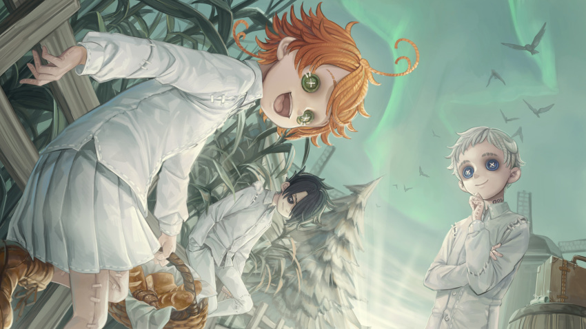 2boys :d ahoge barrel basket bird black_hair blue_eyes bread button_eyes buttons emma_(yakusoku_no_neverland) female fence food green_eyes grey_hair hair_over_one_eye highres identity_v leaning looking_at_viewer mizutame_tori multiple_boys neck_tattoo norman_(yakusoku_no_neverland) number_tattoo open_mouth orange_hair outdoors ray_(yakusoku_no_neverland) shirt short_hair skirt smile stitches suitcase tattoo tree white_shirt white_skirt yakusoku_no_neverland