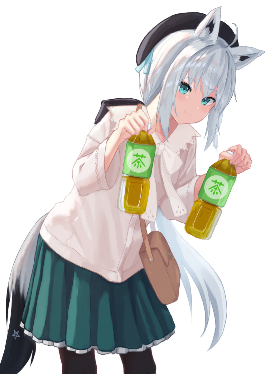 6mint absurdres ahoge animal_ear_fluff animal_ears aqua_eyes bag beret black_pantyhose bottle braid casual commentary cowboy_shot female fox_ears fox_girl fox_tail green_skirt hat highres holding holding_bottle hololive leaning_forward long_hair long_sleeves looking_at_viewer pantyhose shirakami_fubuki shoulder_bag side_braid sidelocks simple_background skirt smile solo tail tea very_long_hair virtual_youtuber water_bottle white_background white_hair