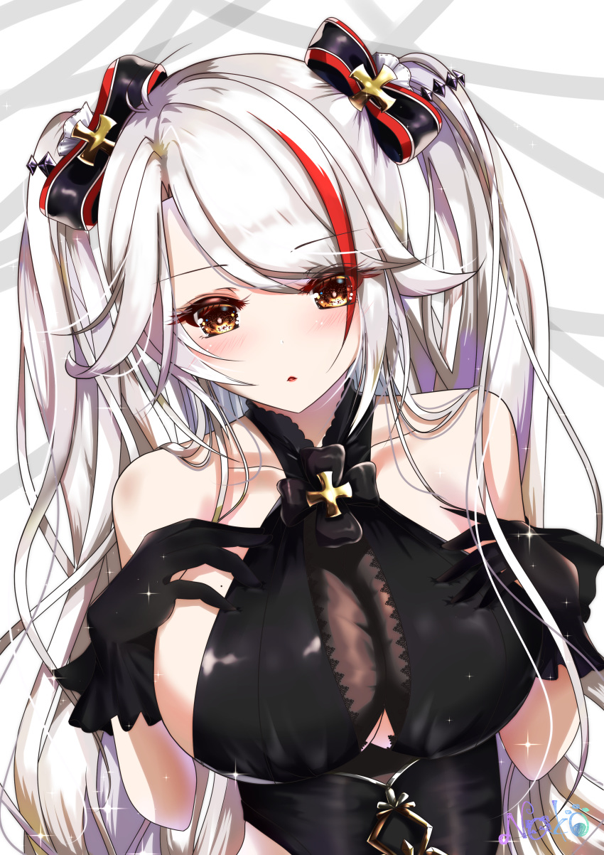 absurdres antenna_hair azur_lane bare_shoulders black_dress black_gloves blush bow breasts brown_eyes collarbone commentary_request cross dress female gloves hands_on_own_chest highres iron_cross large_breasts long_hair looking_at_viewer mole mole_on_breast multicolored_bow multicolored_hair nako_nya official_alternate_costume open_mouth prinz_eugen_(azur_lane) prinz_eugen_(cordial_cornflower)_(azur_lane) red_hair simple_background streaked_hair swept_bangs two_side_up white_background white_hair