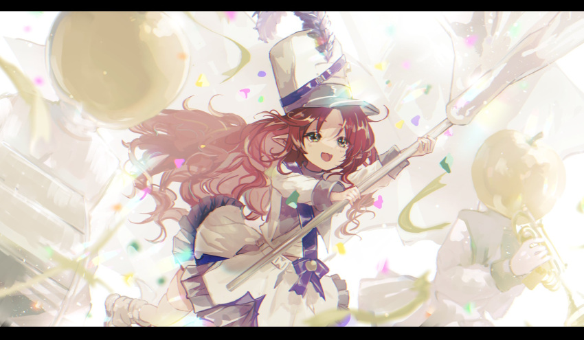 2others :d apple arknights arm_up bad_id bad_twitter_id boots brown_eyes brown_footwear commentary_request confetti eyebrows_hidden_by_hair fa2_(etu831) female flag food frilled_skirt frills fruit golden_apple highres holding holding_flag holding_instrument instrument letterboxed long_hair long_sleeves multiple_others myrtle_(arknights) myrtle_(light_gold_celebration)_(arknights) official_alternate_costume parted_bangs pointy_ears red_hair shirt skirt smile solo_focus streamers thighhighs thighhighs_under_boots trumpet very_long_hair white_flag white_headwear white_legwear white_shirt white_skirt