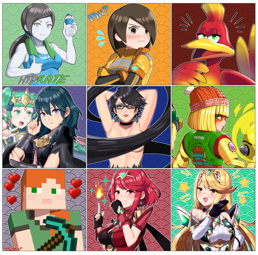 6+girls :d ;) absurdres alex_(minecraft) armpits arms_(game) banjo-kazooie bayonetta bayonetta_(series) bayonetta_2 beak beanie blue_eyes blush bottle box_body braid breasts byleth_(female)_(fire_emblem) byleth_(fire_emblem) closed_mouth clothes_writing commentary crossed_arms english_commentary english_text fingerless_gloves fire fire_emblem fire_emblem:_three_houses flying_sweatdrops food glasses gloves green_eyes green_hair hair_censor hat heart highres holding holding_pickaxe index_finger_raised kamaboko kazooie_(banjo-kazooie) long_hair looking_at_viewer low_poly mask meandros mii_(nintendo) mii_gunner mii_gunner_(smash_ultimate) min_min_(arms) minecraft minecraft_pickaxe mole mole_under_mouth multiple_girls mythra_(massive_melee)_(xenoblade) mythra_(xenoblade) narutomaki notice_lines nude ojou-sama_pose one_eye_closed open_mouth orange_hair pale_skin pickaxe pixel_heart pixelated ponytail profile pyra_(xenoblade) red_eyes ribbon_braid sarukaiwolf seigaiha short_hair smile sothis_(fire_emblem) star_(symbol) super_smash_bros. sweatdrop thumbs_up tiara towel towel_around_neck twin_braids water_bottle wii_fit wii_fit_trainer wii_fit_trainer_(female) xenoblade_chronicles_(series) xenoblade_chronicles_2 yellow_eyes