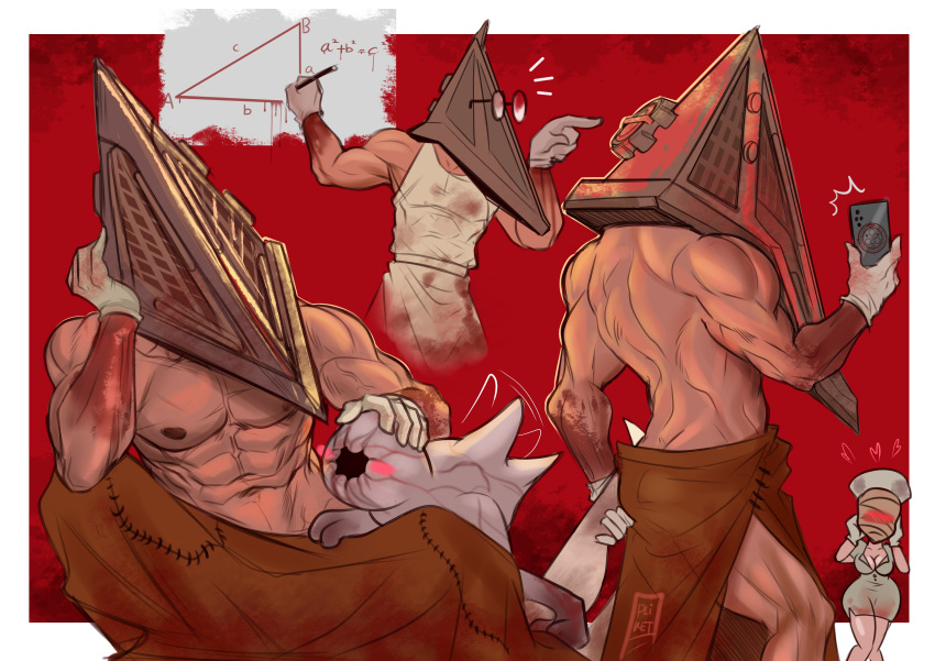 1boy abs absurdres artist_name back blush butt_crack female glasses gloves hat helmet highres holding holding_sword holding_weapon large_pectorals looking_at_another male_focus monster multiple_views muscular muscular_male navel nipples numb_body nurse nurse_(silent_hill) nurse_cap pectorals pyramid_head round_eyewear silent_hill_(series) silent_hill_2 sword tazahan weapon white_gloves