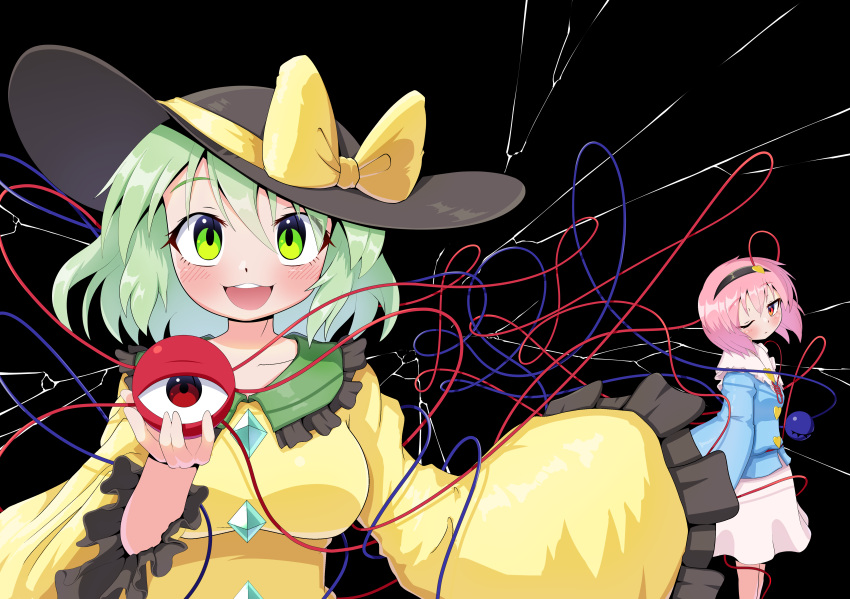 2girls :3 absurdres black_background blush breasts cover_image crack cracked_glass green_eyes green_hair hat headband heart highres jewelry komeiji_koishi komeiji_satori long_sleeves multiple_girls one_eye_closed pink_hair polyhedron2 red_eyes ribbon siblings sisters textless_version third_eye touhou