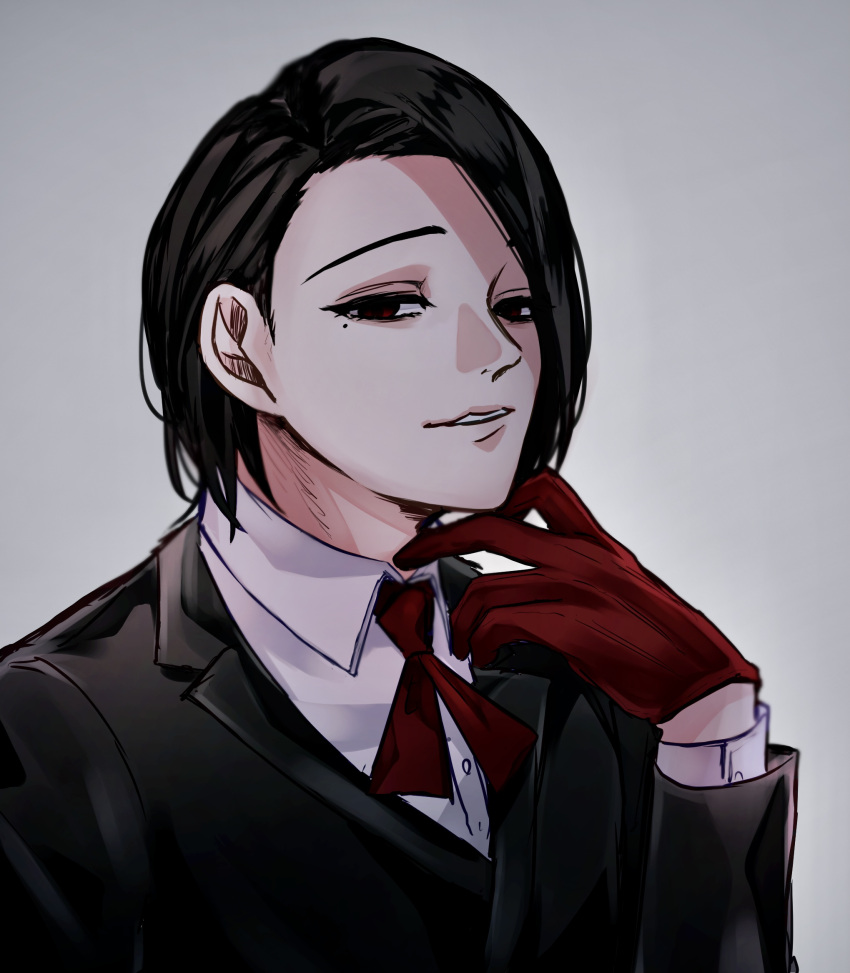 1boy black_jacket collared_shirt dress_shirt furuta_nimura gloves gradient_background grey_background half-closed_eyes hand_up highres jacket kino_(uni_sk38) long_sleeves looking_at_viewer male_focus mole mole_under_eye neck_ribbon parted_lips red_gloves red_ribbon ribbon shirt short_hair smile solo teeth tokyo_ghoul tokyo_ghoul:re white_shirt