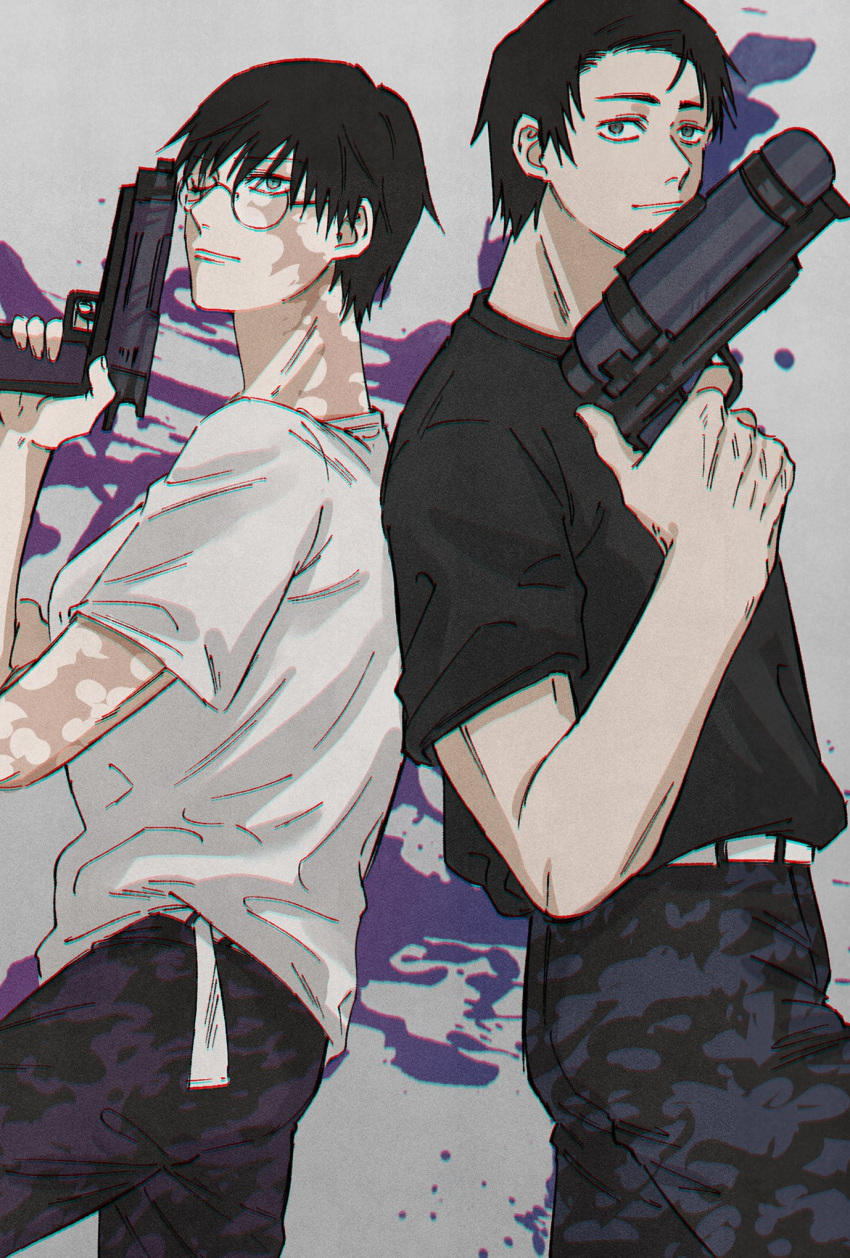 1boy back-to-back belt black_hair black_shirt blue_pants breasts burn_scar closed_mouth commentary cowboy_shot female fushirun_rung glasses gun highres holding holding_water_gun jujutsu_kaisen looking_at_viewer okkotsu_yuuta one_eye_closed pants print_pants purple_pants scar shirt short_hair short_sleeves smile spoilers symbol-only_commentary water_gun weapon white_shirt zen'in_maki