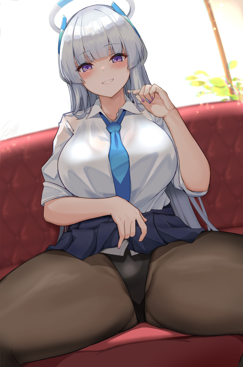 ass_visible_through_thighs blue_archive blue_necktie blush breasts clothes_lift female grey_hair grin halo highres jacket kihou_no_gotoku_dmc large_breasts long_hair long_sleeves looking_at_viewer mechanical_halo necktie noa_(blue_archive) one-piece_swimsuit pantyhose purple_eyes shirt sidelocks skirt skirt_lift smile solo spread_legs swimsuit swimsuit_under_clothes very_long_hair white_hair white_jacket white_shirt