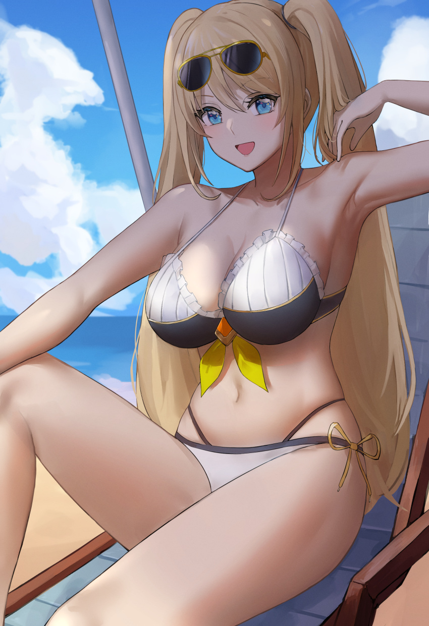 :d absurdres ahoge armpits beach beach_chair bikini black_bikini blonde_hair blue_eyes breasts cloud day dobure18 eyewear_on_head female frilled_bikini frills front-tie_bikini_top front-tie_top hair_between_eyes highleg highleg_bikini highres large_breasts long_hair looking_at_viewer multi-strapped_bikini navel nijisanji nijisanji_id ocean open_mouth outdoors ribbed_bikini side-tie_bikini_bottom skindentation sky smile solo sunglasses swept_bangs swimsuit twintails two-tone_bikini very_long_hair virtual_youtuber water white_bikini zea_cornelia