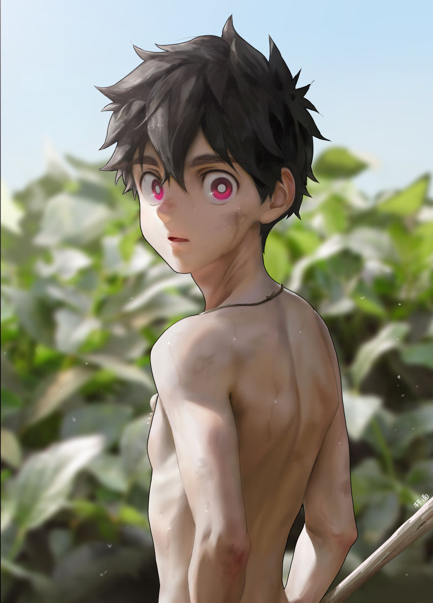 1boy absurdres beitemian black_hair blurry blurry_background bright_pupils depth_of_field hair_between_eyes highres jewelry kemono_jihen kusaka_kabane leaf looking_at_viewer male_focus necklace parted_lips pink_eyes plant short_hair solo topless_male upper_body white_pupils