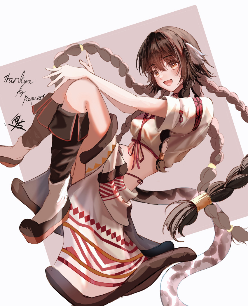 absurdres animal_ears anju_(utawarerumono) blush boots braid breasts brown_eyes brown_hair commentary commission crop_top donata_(donatasama) english_text female full_body highres knee_boots knees_up leopard_tail long_hair looking_at_viewer open_mouth pixiv_commission platform_boots platform_footwear shirt short_sleeves signature skirt small_breasts smile solo tail twin_braids utawarerumono very_long_hair white_shirt white_skirt