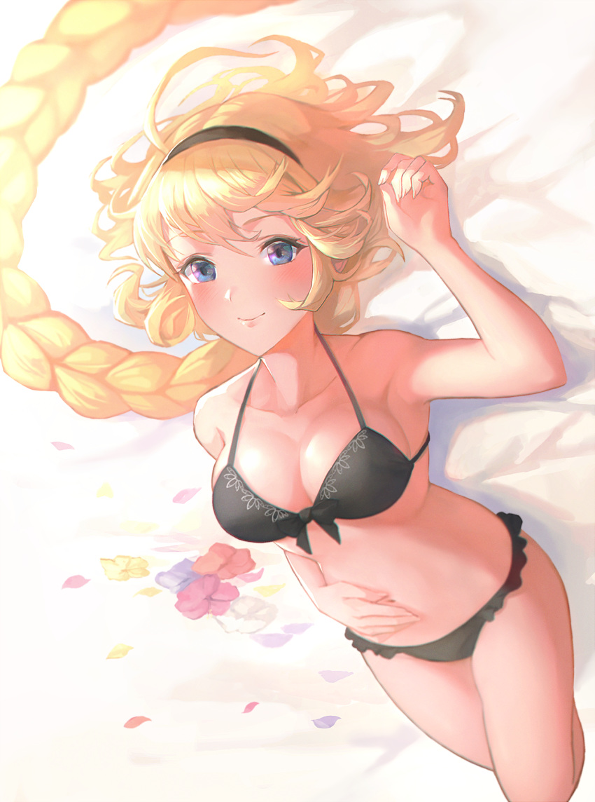 ahoge arm_up armpits bare_arms bare_shoulders bed_sheet bikini black_bikini black_hairband blue_eyes blush braid breasts cleavage closed_mouth collarbone commentary fate/grand_order fate_(series) female flower frilled_bikini frills hairband halterneck hand_on_own_stomach highres jeanne_d'arc_(fate) jeanne_d'arc_(ruler)_(fate) long_hair lying medium_breasts on_back on_bed otsukemono single_braid smile solo string_bikini swimsuit very_long_hair