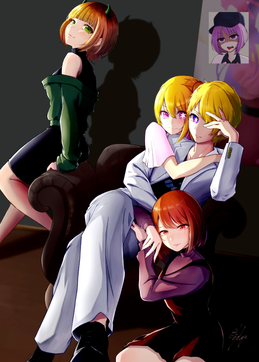 1boy 3girls :3 absurdres arima_kana arm_rest arm_support bare_shoulders baseball_cap black_dress black_footwear black_shirt blonde_hair blue_headwear blunt_bangs bob_cut brother_and_sister business_suit choker collared_shirt commentary_request couch demon_horns disgust dress fake_horns formal green_eyes green_jacket hair_over_one_eye hand_on_own_face hat highres horns hoshino_aquamarine hoshino_ruby hug hug_from_behind ichijo_kazuya indoors inset jacket kurokawa_akane leaning_on_person lipstick long_hair long_sleeves looking_at_viewer looking_to_the_side makeup memcho multicolored_hair multiple_girls nail_polish off-shoulder_jacket off_shoulder on_couch one-armed_hug one_side_up open_clothes open_jacket orange_hair oshi_no_ko painting_(object) pencil_dress pink_eyes pink_lips pink_nails pink_skirt purple_eyes purple_hair purple_sweater red_choker red_dress rolling_eyes roots_(hair) round_teeth shaded_face shadow shirt shoes short_hair short_sleeves siblings signature sitting skirt sleeveless sleeveless_dress sleeves_past_wrists smug star-shaped_pupils star_(symbol) star_in_eye suit sweater swept_bangs symbol-shaped_pupils symbol_in_eye teeth tongue tongue_out twins upper_teeth_only v-shaped_eyebrows wavy_eyebrows white_suit yokozuwari