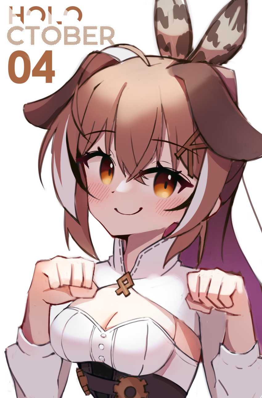 absurdres ahoge animal_ears blush breasts brown_corset brown_eyes brown_hair cleavage_cutout clothing_cutout corset crossed_bangs dog_ears dog_girl english_text female hair_ornament hairclip highres hololive hololive_english lavendeavor looking_at_viewer medium_breasts multicolored_hair nanashi_mumei nanashi_mumei_(1st_costume) paw_pose shirt smile streaked_hair upper_body virtual_youtuber white_shirt