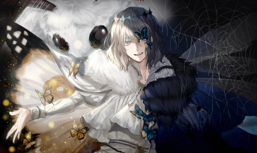 1boy absurdres blanca_(fate) bug butterfly cape centipede crown fate/grand_order fate_(series) fur-trimmed_cape fur_trim highres insect_wings male_focus moth oberon_(fate) oberon_(third_ascension)_(fate) outstretched_arm oversized_insect silk spider spider_web split_theme spoilers wings yurumawari