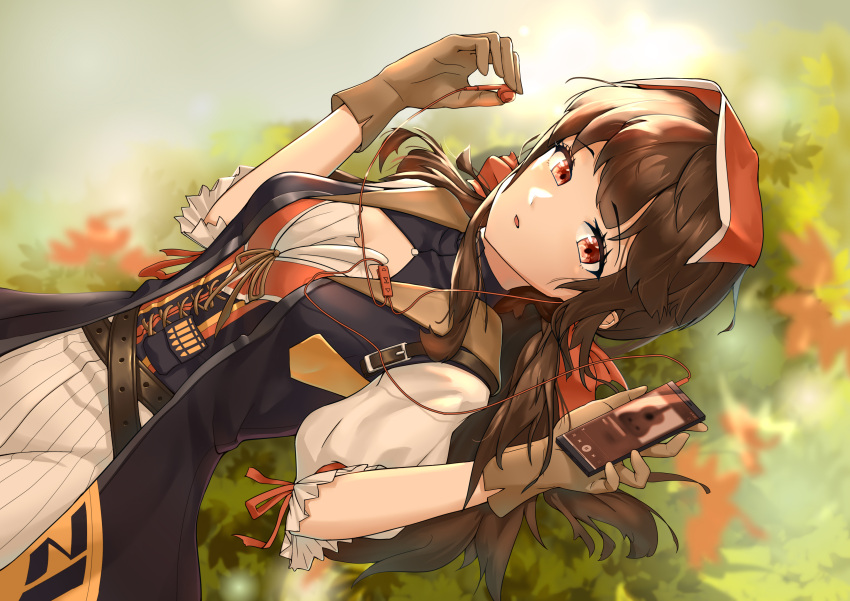 absurdres autumn autumn_leaves black_hair corset digital_media_player dress dutch_angle earbuds earphones falcon_(girls'_frontline) female girls'_frontline gloves highres ji_bu_qing_ziji-bottle leaf long_hair lying mixed-language_commentary on_back open_mouth red_eyes shirt solo very_long_hair white_shirt