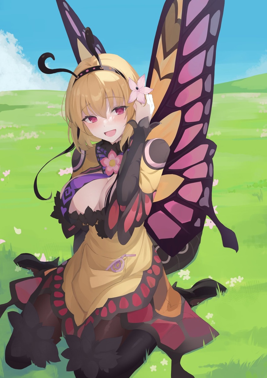 :d antennae bell_orgel black_hairband blonde_hair blue_sky boots breasts butterfly_girl butterfly_wings cleavage cloud commentary crazy_straw day dress drinking_straw female flower grass hair_between_eyes hair_flower hair_ornament hairband high_heel_boots high_heels highres insect_wings large_breasts light_blush long_sleeves looking_at_viewer monster_girl monster_girl_encyclopedia open_mouth outdoors papillon_(monster_girl_encyclopedia) red_eyes short_hair sitting sky smile solo thigh_boots wings