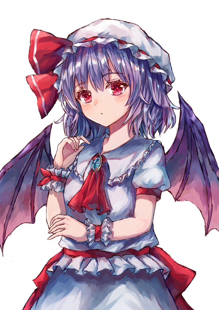 absurdres ascot bat_wings bow brooch commentary_request dress eyes_visible_through_hair female frilled_shirt frilled_shirt_collar frilled_sleeves frills hand_up hat hat_ribbon highres jewelry light_purple_hair mob_cap puffy_short_sleeves puffy_sleeves purple_hair red_bow red_eyes red_ribbon remilia_scarlet ribbon ribbon_trim sash shirt short_hair short_sleeves simple_background solo suzushina touhou white_background white_dress wings wrist_cuffs